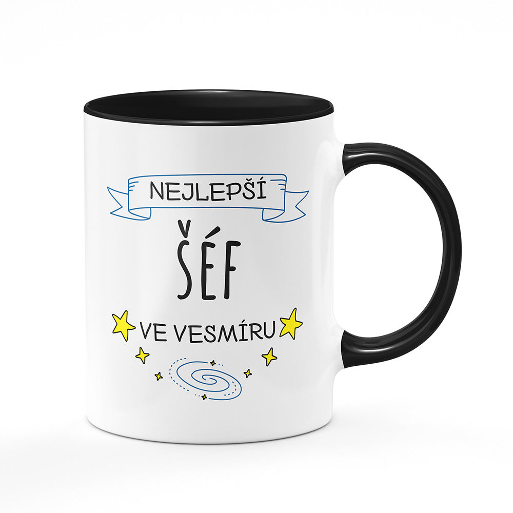 Keramický hrnek bílý s černým lemem vnitřkem a uchem motiv Nejlepší šéf ve vesmíru