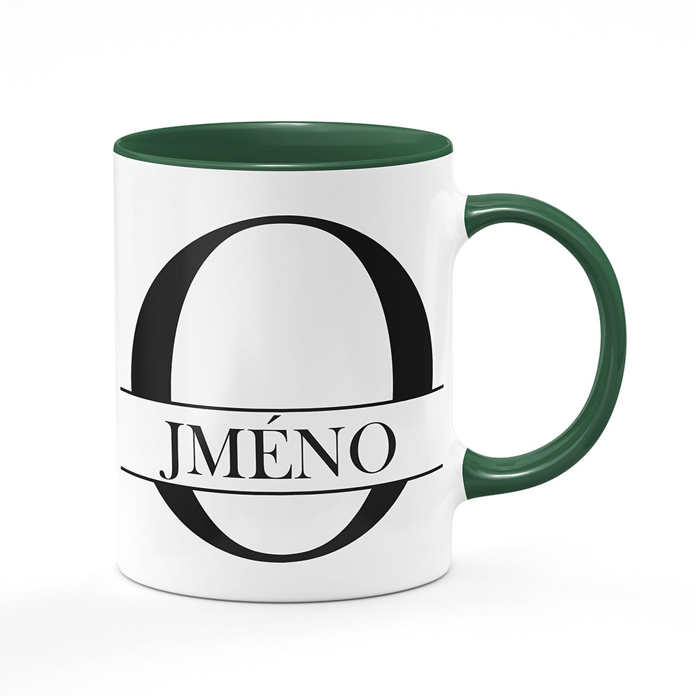 Keramický hrnek bílý s zeleným lemem vnitřkem a uchem motiv Se jménem O…