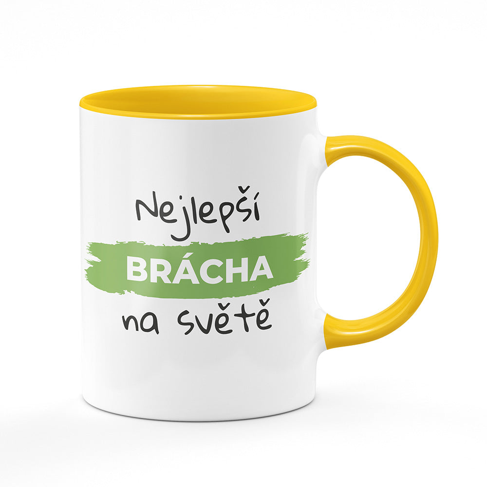 Keramický hrnek bílý s žlutým lemem vnitřkem a uchem motiv Nejlepší brácha na světě