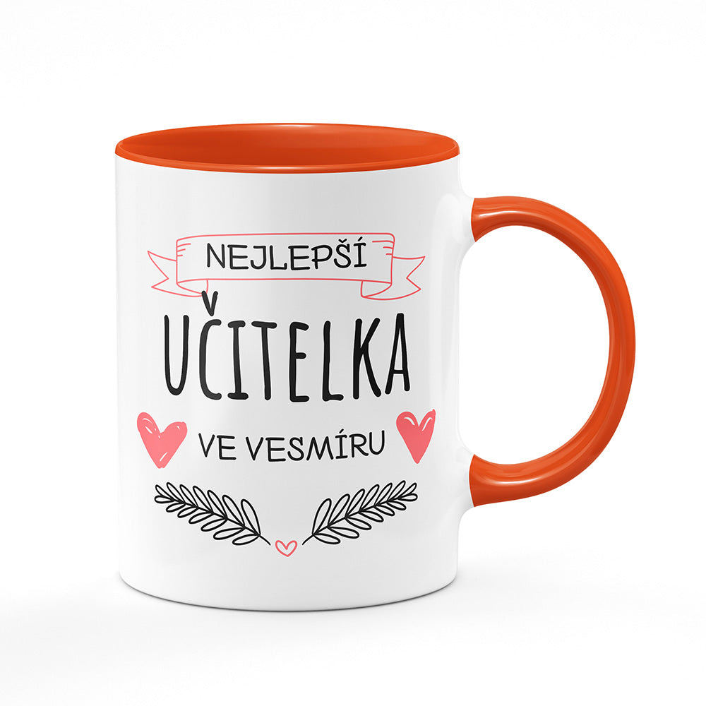 Keramický hrnek bílý s oranžovým lemem vnitřkem a uchem motiv Nejlepší učitelka ve vesmíru