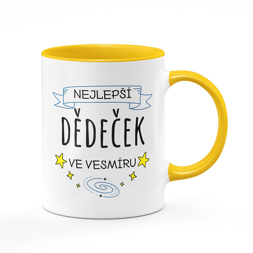 Keramický hrnek bílý s žlutým lemem vnitřkem a uchem motiv Nejlepší dědeček ve vesmíru