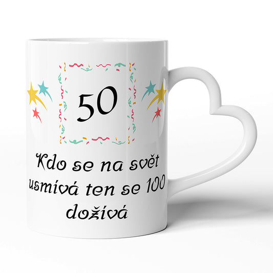 Keramický hrníček s uchem ve tvaru srdce motiv Kdo se na svět usmívá…