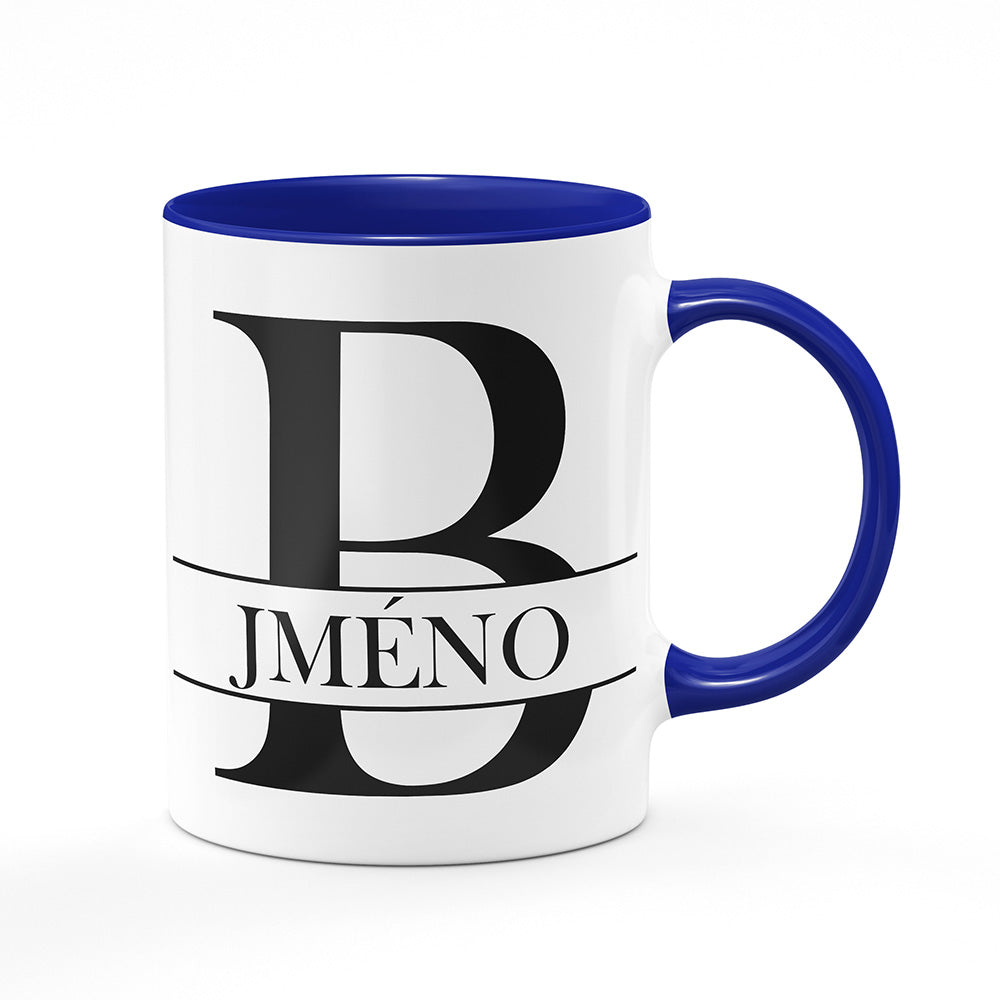 Keramický hrnek bílý s modrým lemem vnitřkem a uchem motiv Se jménem B…