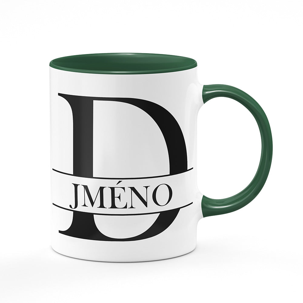 Keramický hrnek bílý s zeleným lemem vnitřkem a uchem motiv Se jménem D…