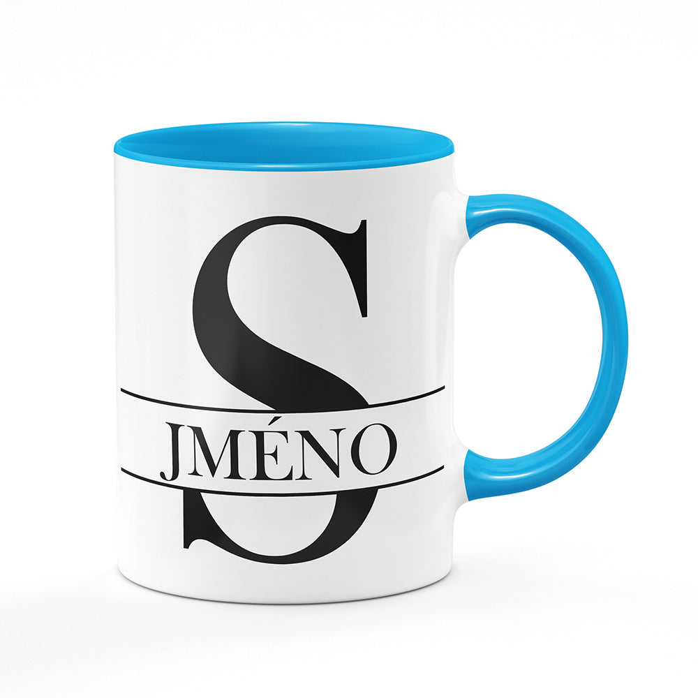 Keramický hrnek bílý s světle modrým lemem vnitřkem a uchem motiv Se jménem S…