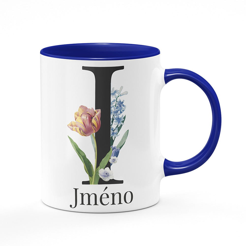 Keramický hrnek bílý s modrým lemem vnitřkem a uchem motiv Se jménem I…