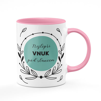Keramický hrnek bílý s růžovým lemem vnitřkem a uchem motiv Nejlepší vnuk pod sluncem