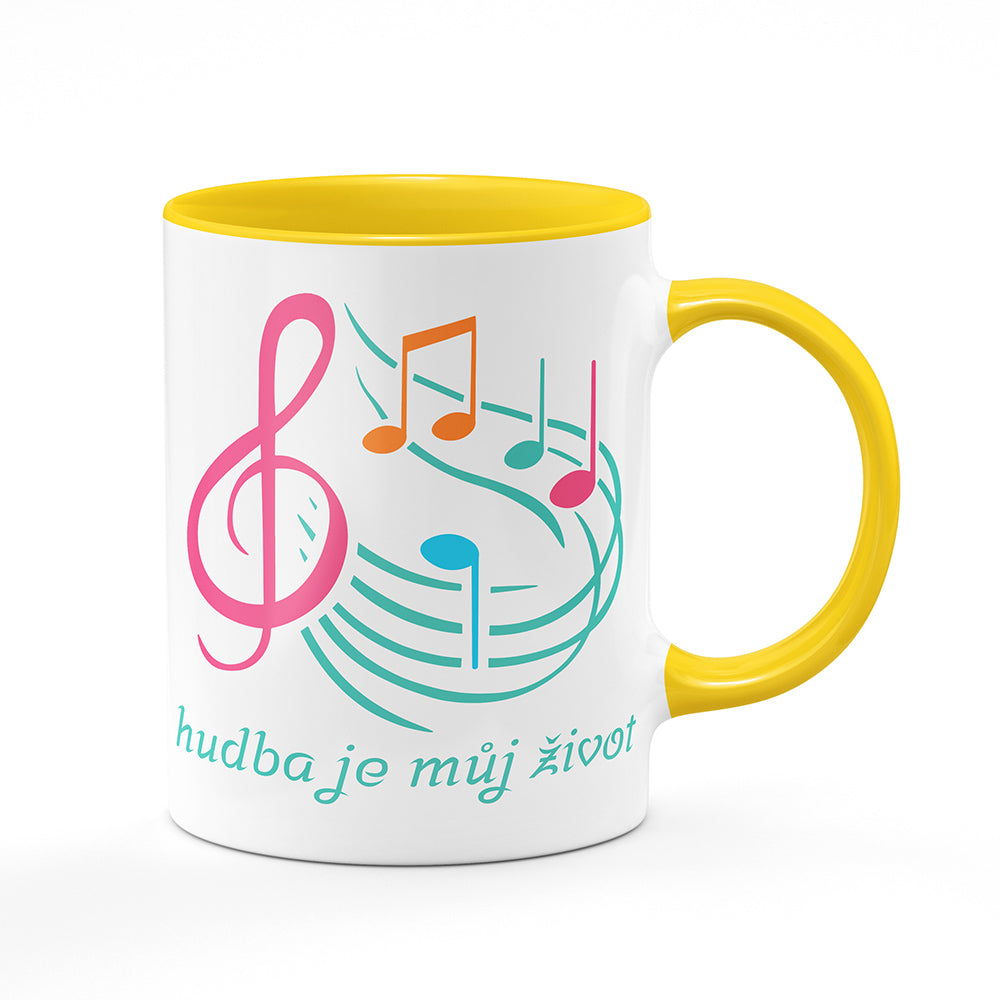 Keramický hrnek bílý s žlutým lemem vnitřkem a uchem motiv Hudba je můj život