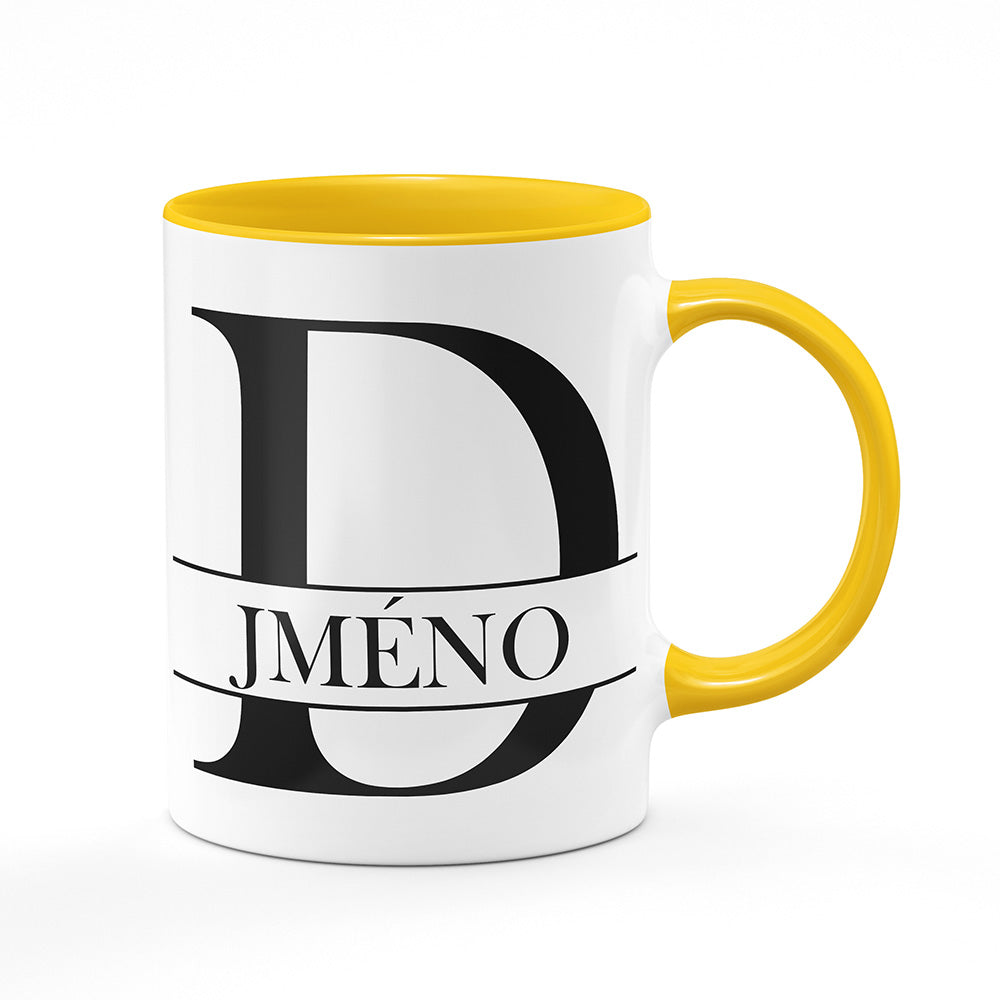 Keramický hrnek bílý s žlutým lemem vnitřkem a uchem motiv Se jménem D…