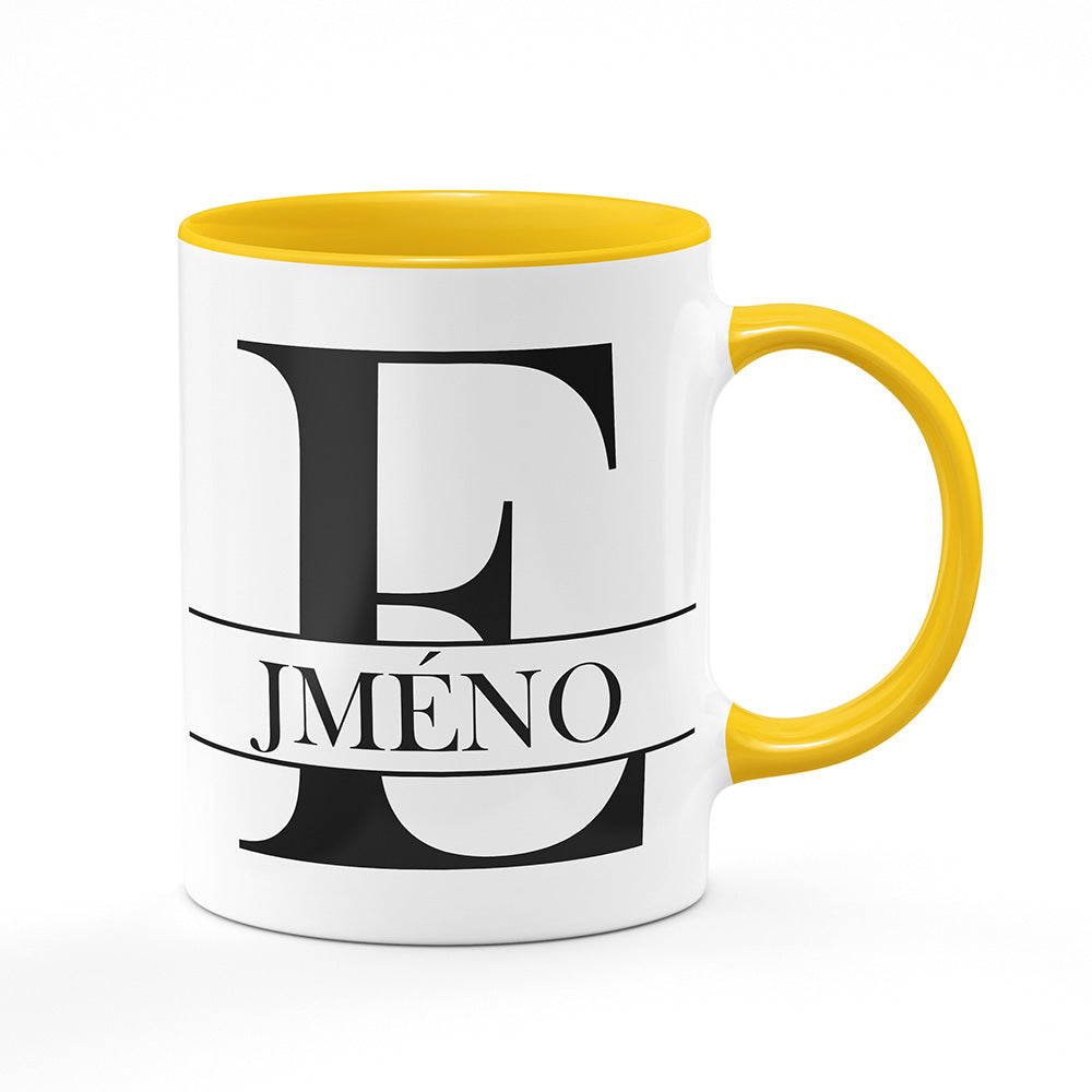 Keramický hrnek bílý s žlutým lemem vnitřkem a uchem motiv Se jménem E…