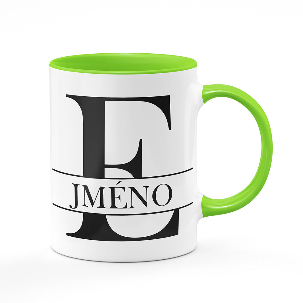 Keramický hrnek bílý s světle zeleným lemem vnitřkem a uchem motiv Se jménem E…