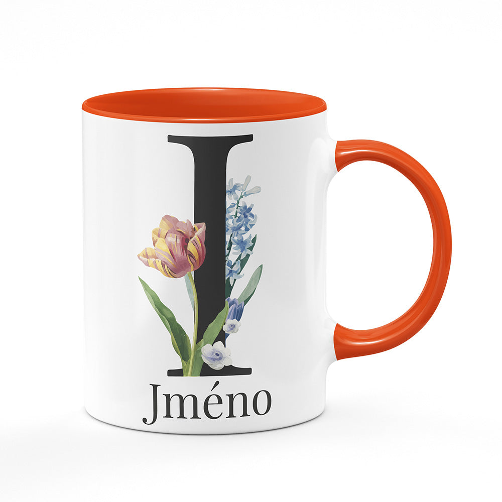 Keramický hrnek bílý s oranžovým lemem vnitřkem a uchem motiv Se jménem I…