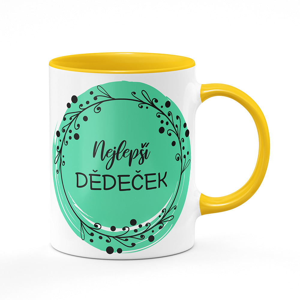 Keramický hrnek bílý s žlutým lemem vnitřkem a uchem motiv Nejlepší dědeček