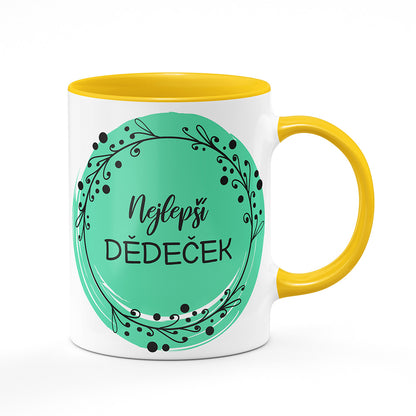 Keramický hrnek bílý s žlutým lemem vnitřkem a uchem motiv Nejlepší dědeček