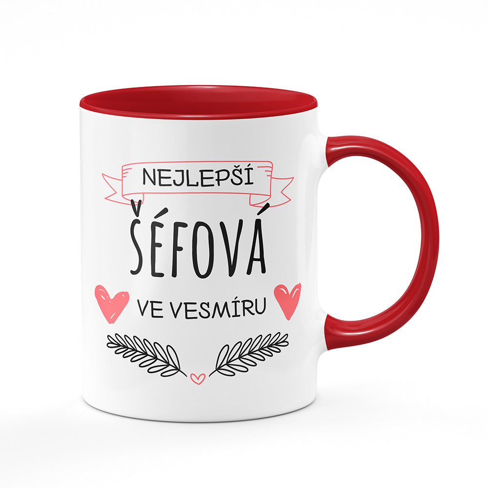 Keramický hrnek bílý s červeným lemem vnitřkem a uchem motiv Nejlepší šéfová ve vesmíru
