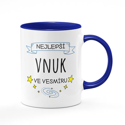 Keramický hrnek bílý s modrým lemem vnitřkem a uchem motiv Nejlepší vnuk ve vesmíru
