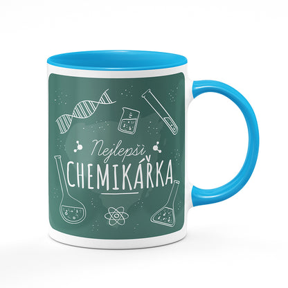 Keramický hrnek bílý s světle modrým lemem vnitřkem a uchem motiv Nejlepší chemikářka