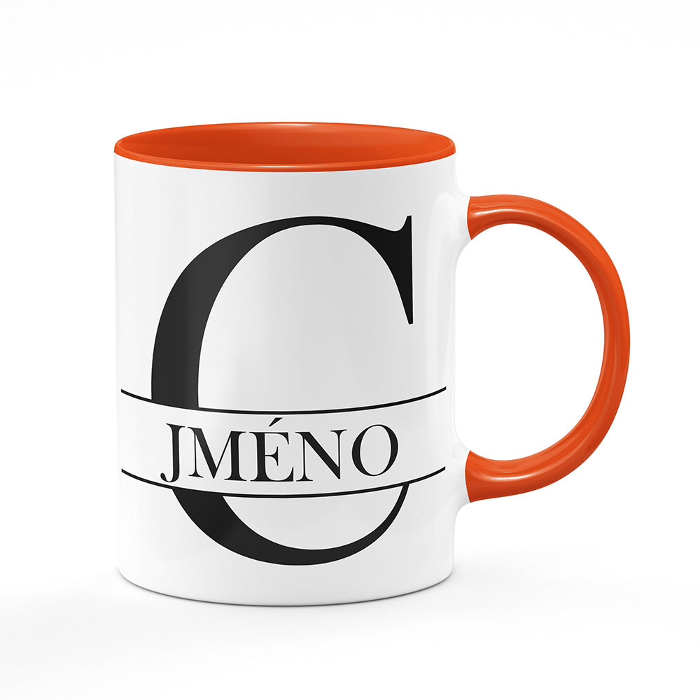 Keramický hrnek bílý s oranžovým lemem vnitřkem a uchem motiv Se jménem C…