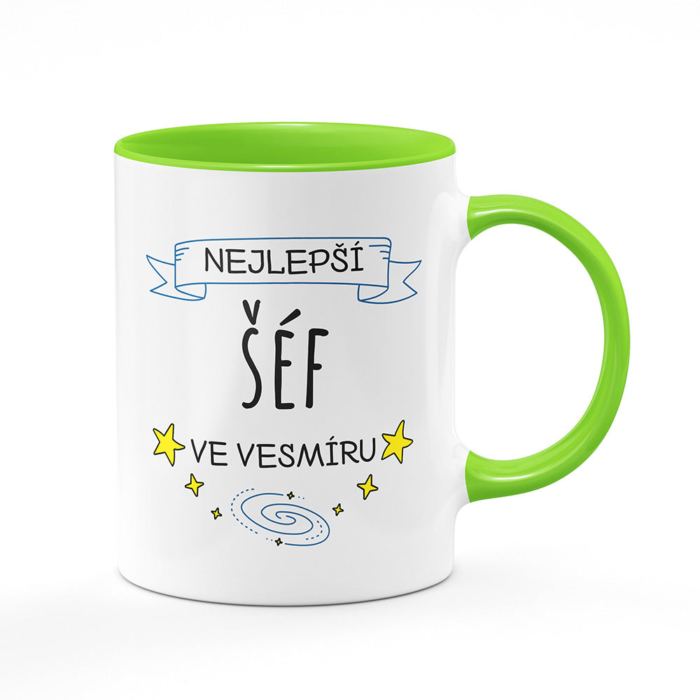 Keramický hrnek bílý s světle zeleným lemem vnitřkem a uchem motiv Nejlepší šéf ve vesmíru