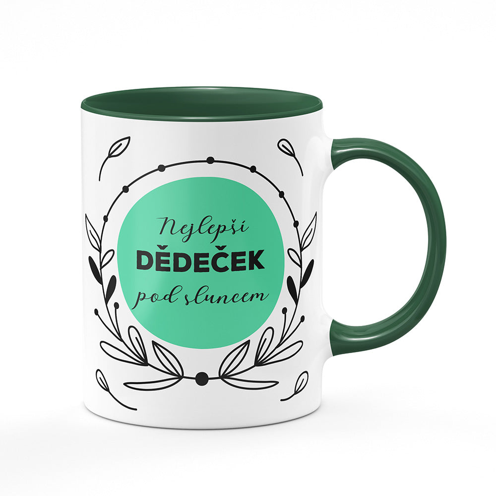 Keramický hrnek bílý s zeleným lemem vnitřkem a uchem motiv Nejlepší dědeček pod sluncem