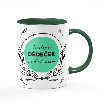 Keramický hrnek bílý s zeleným lemem vnitřkem a uchem motiv Nejlepší dědeček pod sluncem