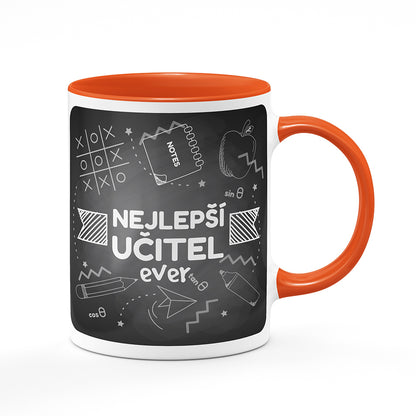 Keramický hrnek bílý s oranžovým lemem vnitřkem a uchem motiv Nejlepší učitel ever