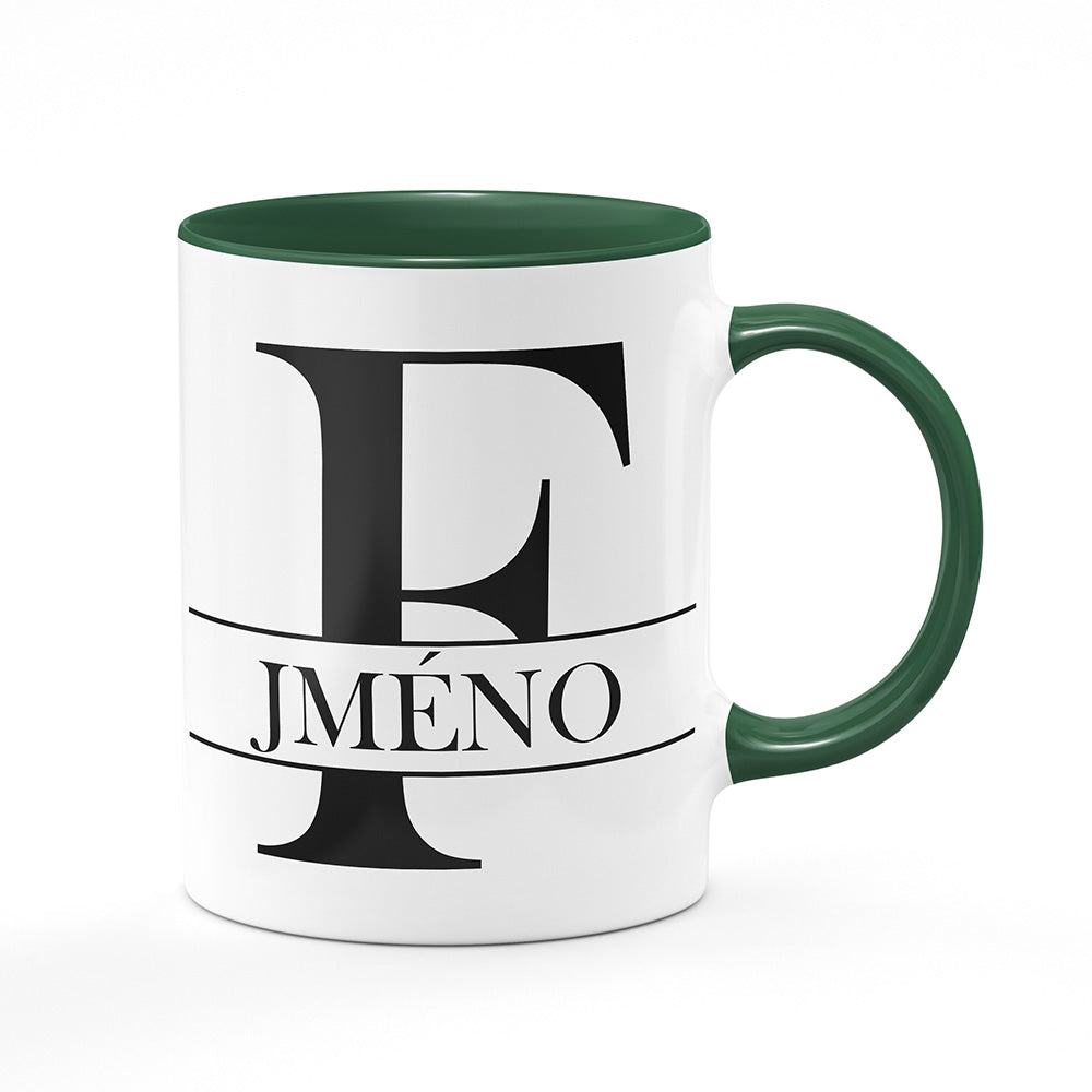 Keramický hrnek bílý s zeleným lemem vnitřkem a uchem motiv Se jménem F…