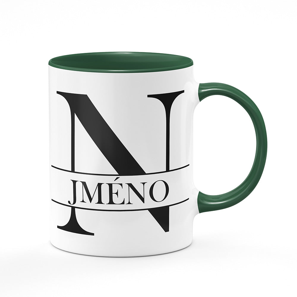 Keramický hrnek bílý s zeleným lemem vnitřkem a uchem motiv Se jménem N…