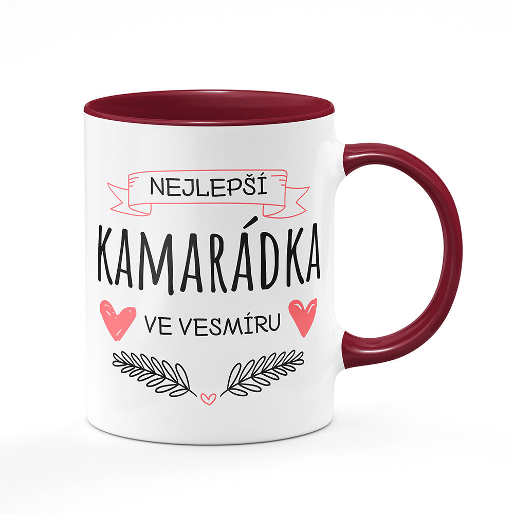 Keramický hrnek bílý s bordó vínovým lemem vnitřkem a uchem motiv Nejlepší kamarádka ve vesmíru