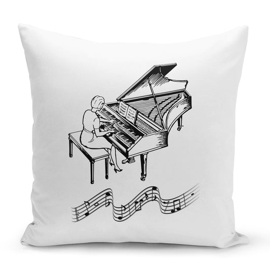 Bílý polštář 40 x 40 cm s motivem Klavír