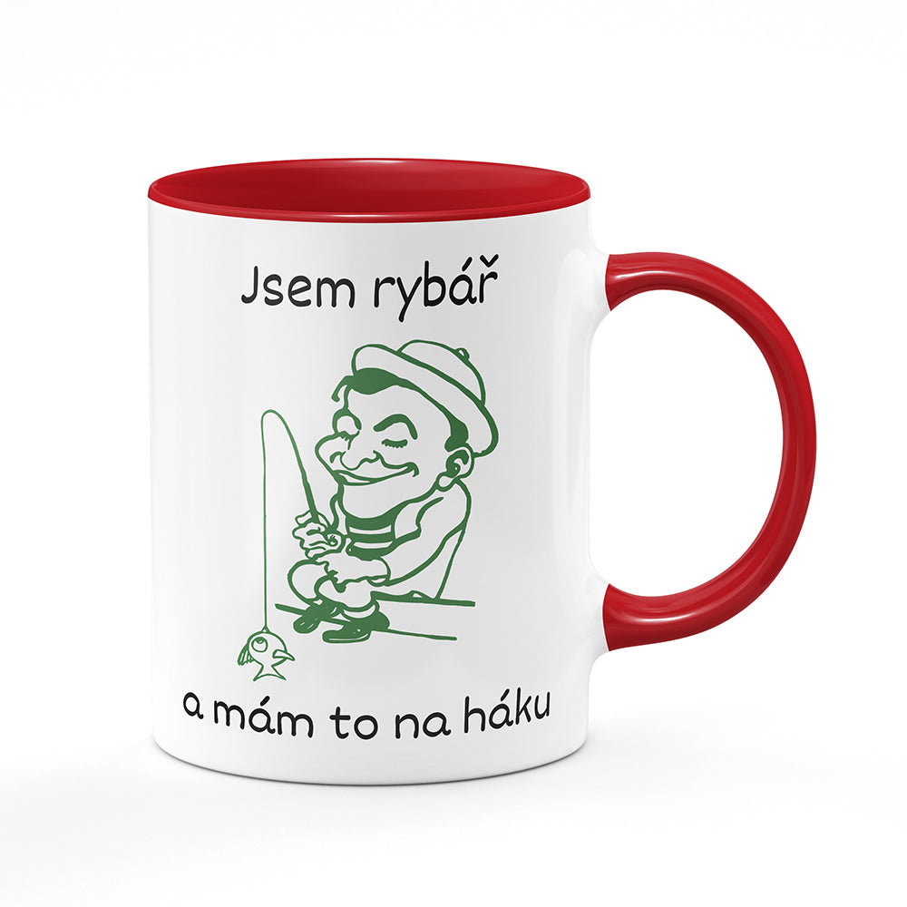 Keramický hrnek bílý s červeným lemem vnitřkem a uchem motiv Jsem rybář a mám to na háku