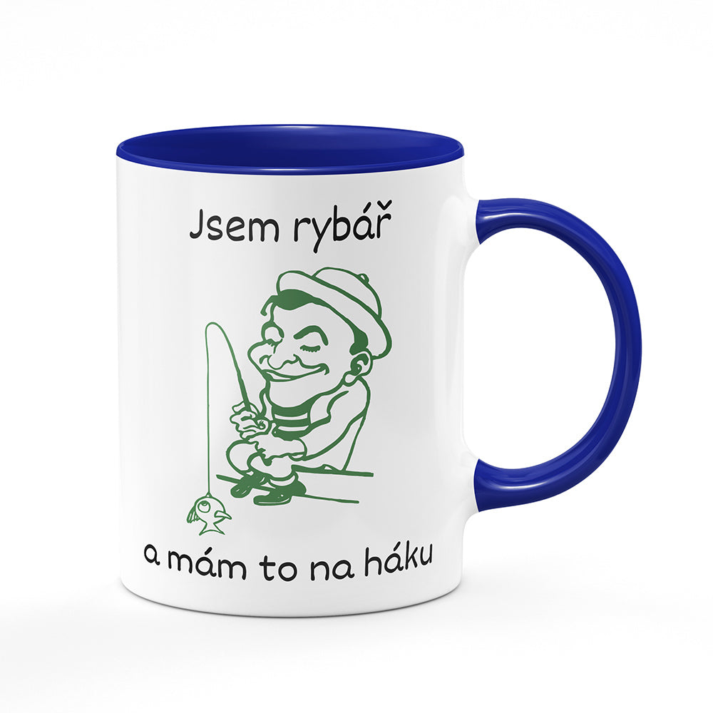 Keramický hrnek bílý s modrým lemem vnitřkem a uchem motiv Jsem rybář a mám to na háku