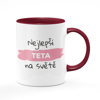 Keramický hrnek bílý s bordó vínovým lemem vnitřkem a uchem motiv Nejlepší teta na světě