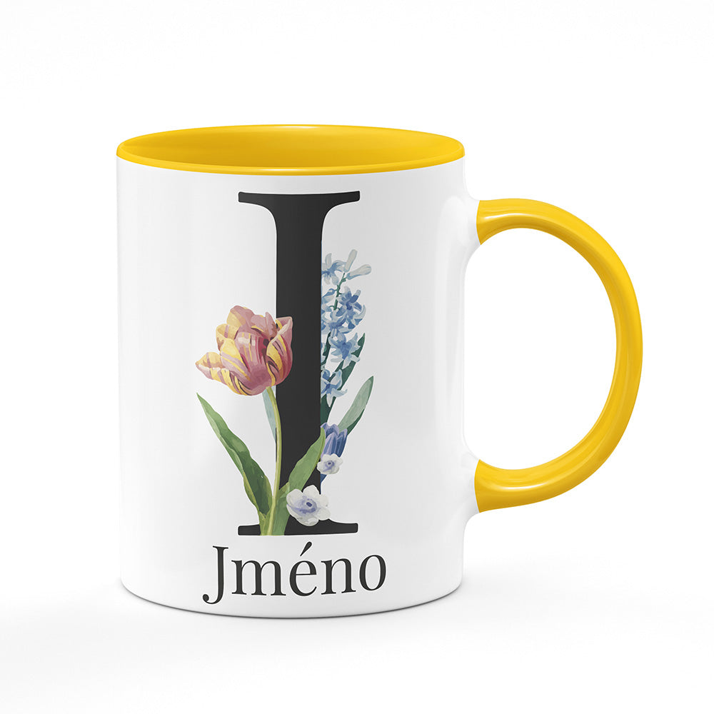 Keramický hrnek bílý s žlutým lemem vnitřkem a uchem motiv Se jménem I…
