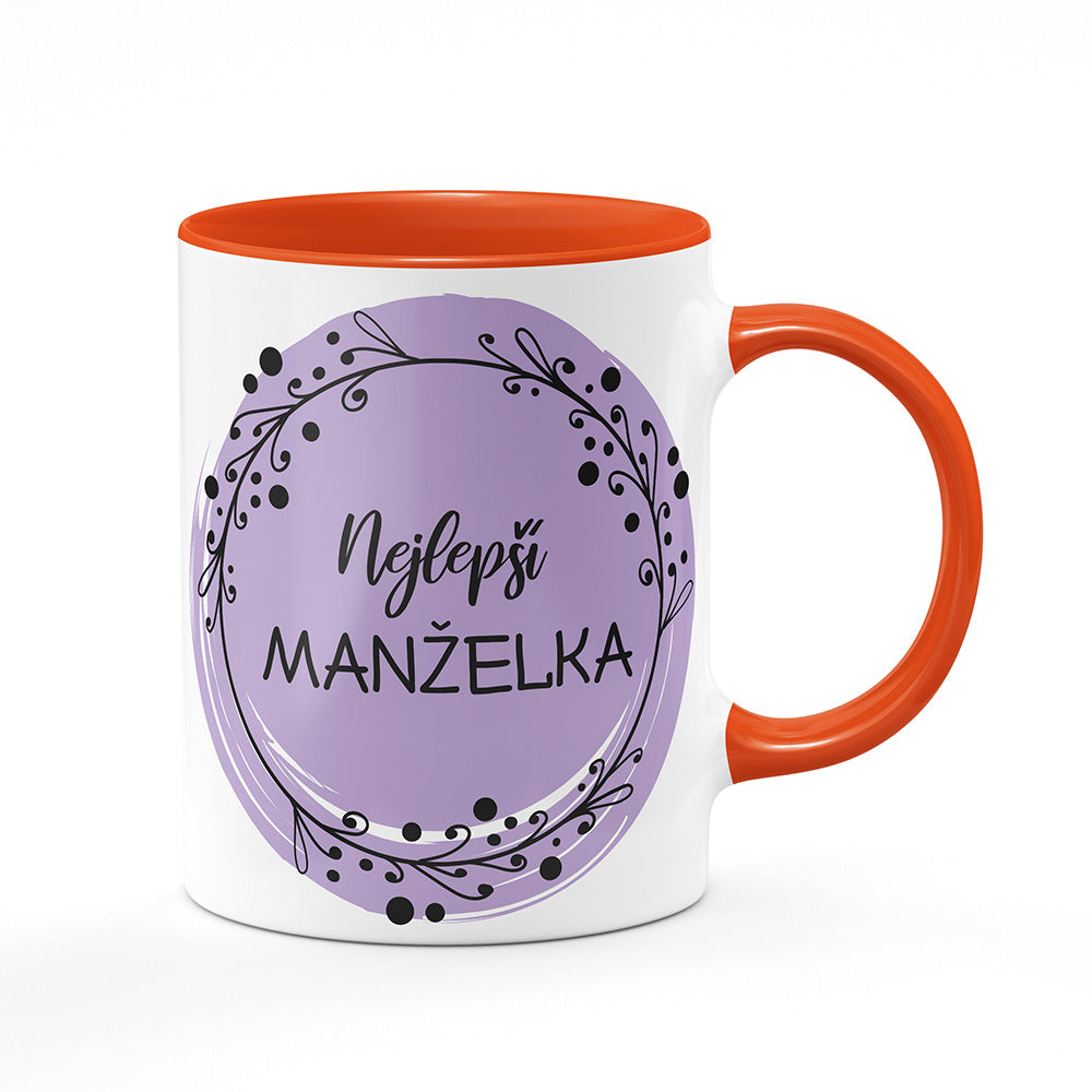 Keramický hrnek bílý s oranžovým lemem vnitřkem a uchem motiv Nejlepší manželka