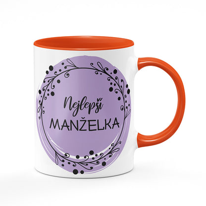 Keramický hrnek bílý s oranžovým lemem vnitřkem a uchem motiv Nejlepší manželka