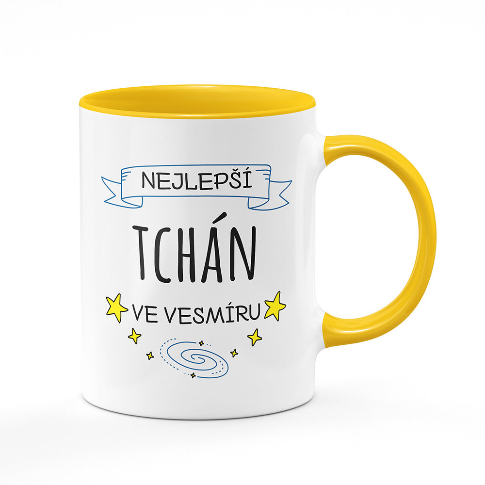 Keramický hrnek bílý s žlutým lemem vnitřkem a uchem motiv Nejlepší tchán ve vesmíru
