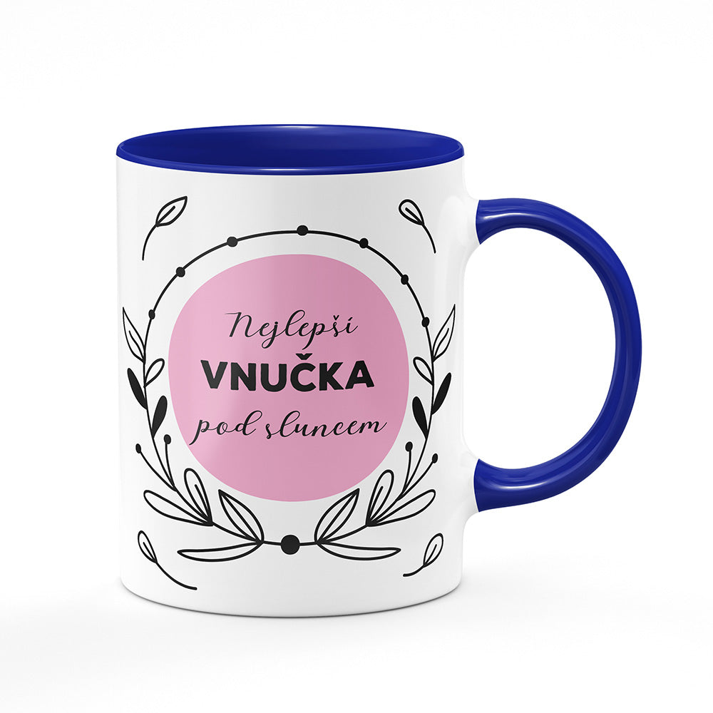 Keramický hrnek bílý s modrým lemem vnitřkem a uchem motiv Nejlepší vnučka pod sluncem
