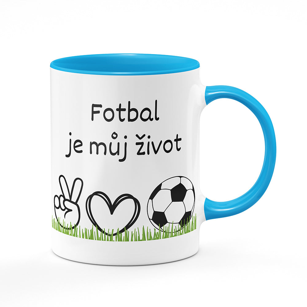 Keramický hrnek bílý s světle modrým lemem vnitřkem a uchem motiv Fotbal je můj život