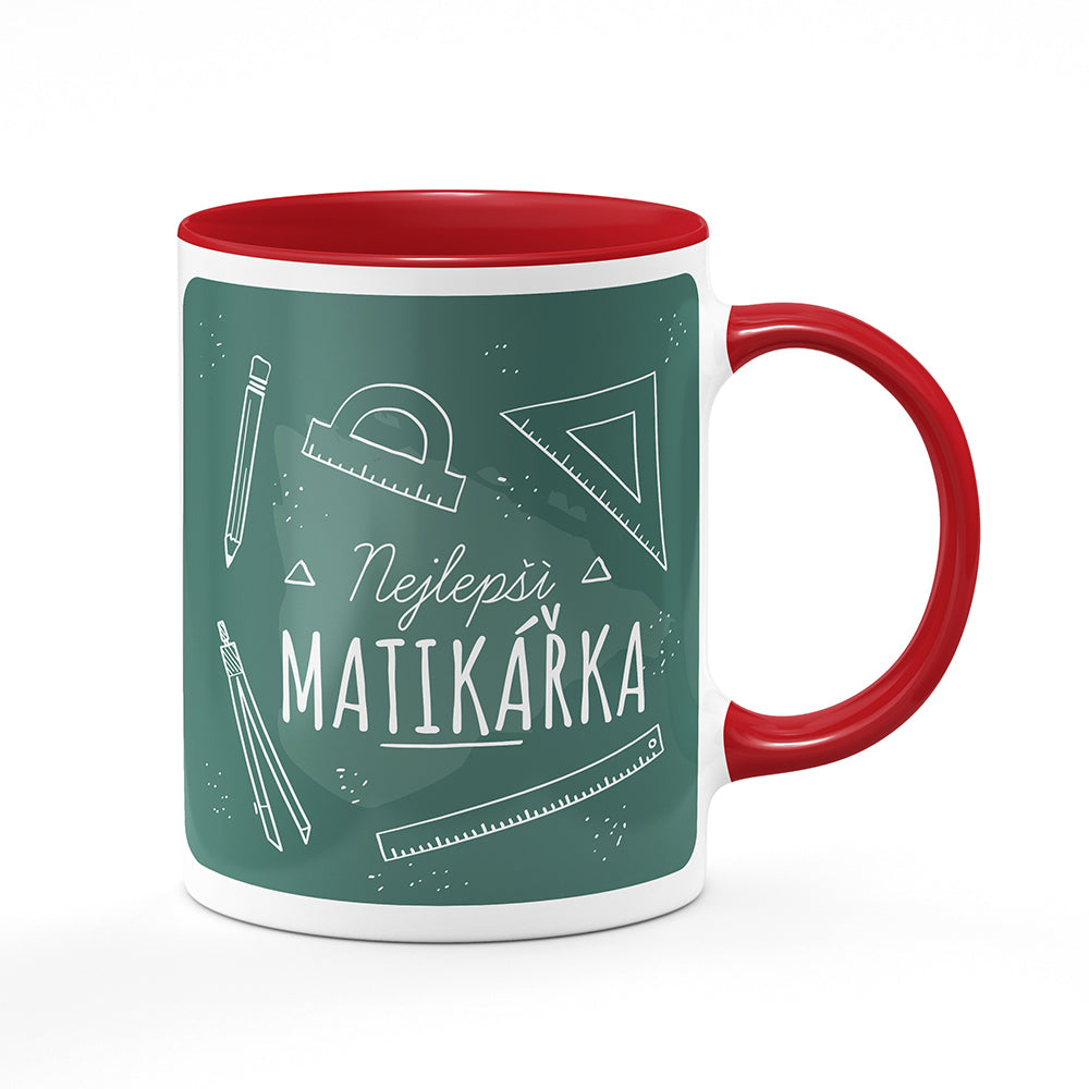 Keramický hrnek bílý s červeným lemem vnitřkem a uchem motiv Nejlepší matikářka