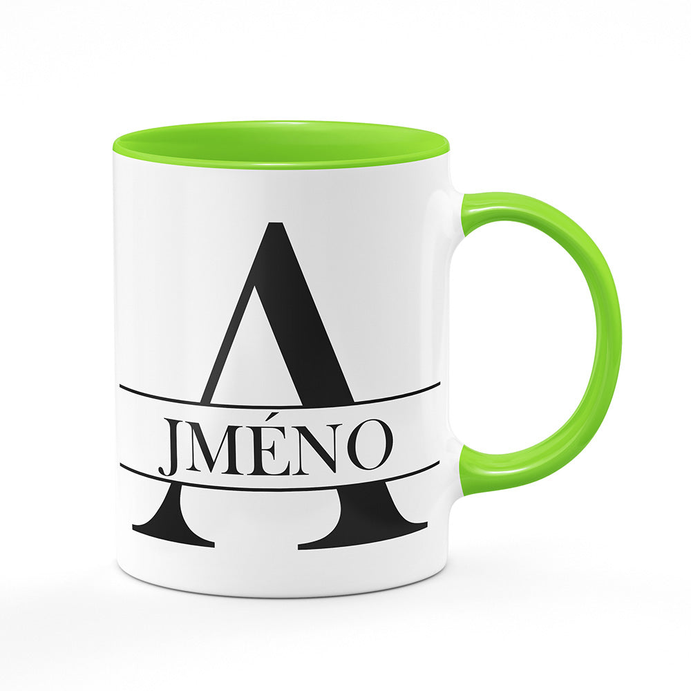 Keramický hrnek bílý s světle zeleným lemem vnitřkem a uchem motiv Se jménem A...