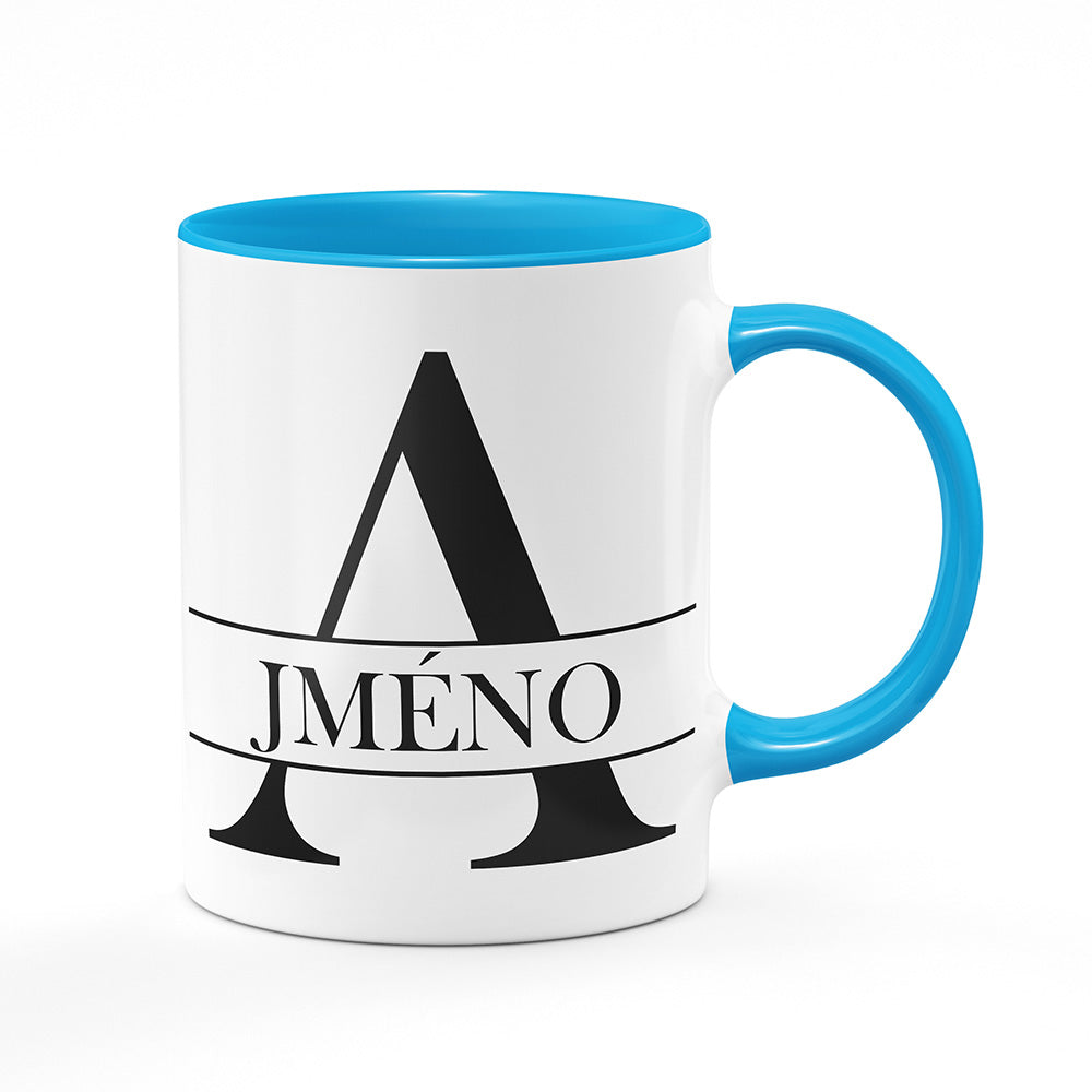 Keramický hrnek bílý s světle modrým lemem vnitřkem a uchem motiv Se jménem A...