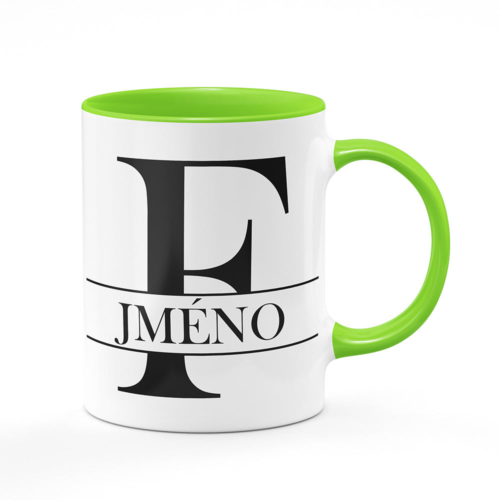 Keramický hrnek bílý s světle zeleným lemem vnitřkem a uchem motiv Se jménem F…
