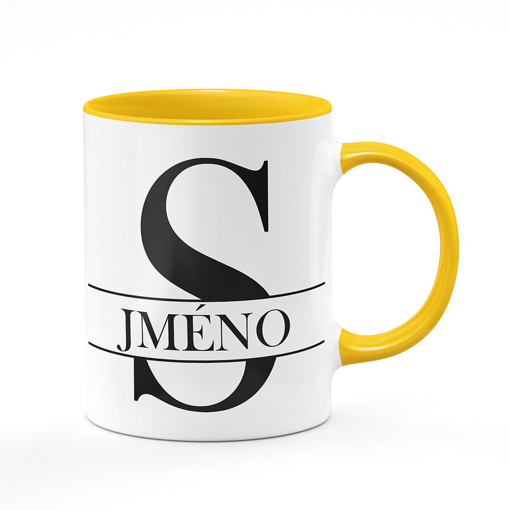 Keramický hrnek bílý s žlutým lemem vnitřkem a uchem motiv Se jménem S…