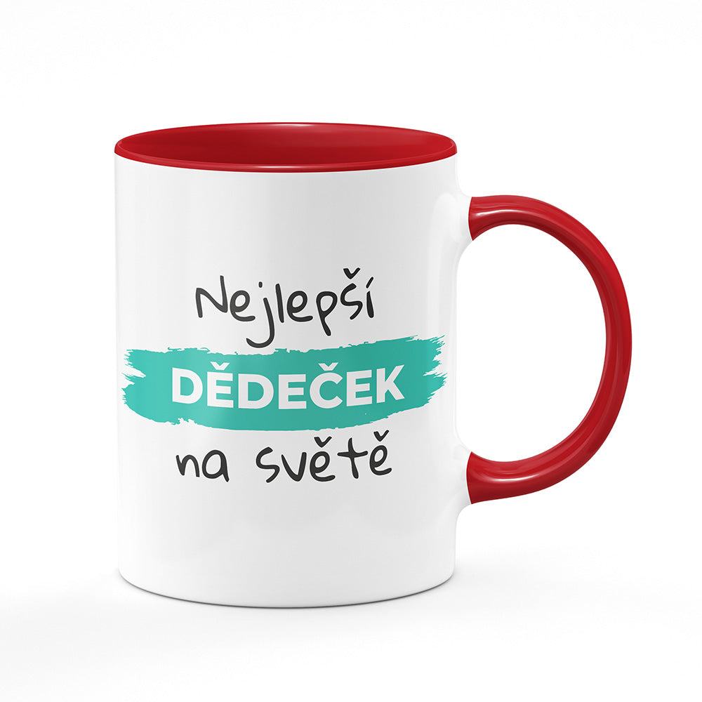 Keramický hrnek bílý s červeným lemem vnitřkem a uchem motiv Nejlepší dědeček na světě