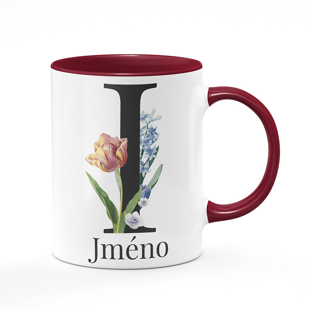 Keramický hrnek bílý s bordó vínovým lemem vnitřkem a uchem motiv Se jménem I…