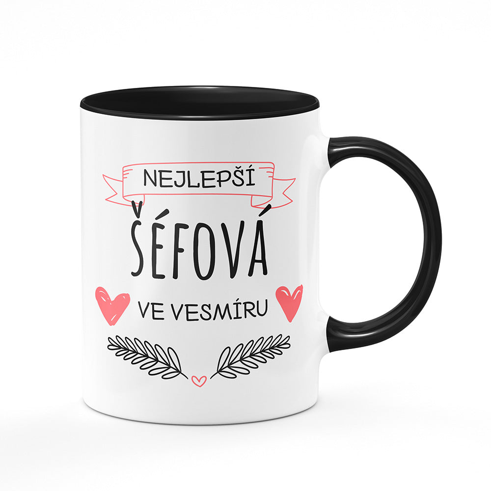 Keramický hrnek bílý s černým lemem vnitřkem a uchem motiv Nejlepší šéfová ve vesmíru