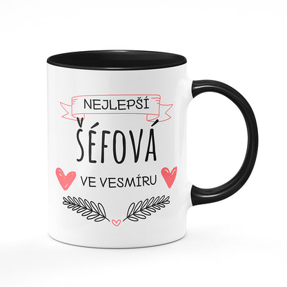 Keramický hrnek bílý s černým lemem vnitřkem a uchem motiv Nejlepší šéfová ve vesmíru