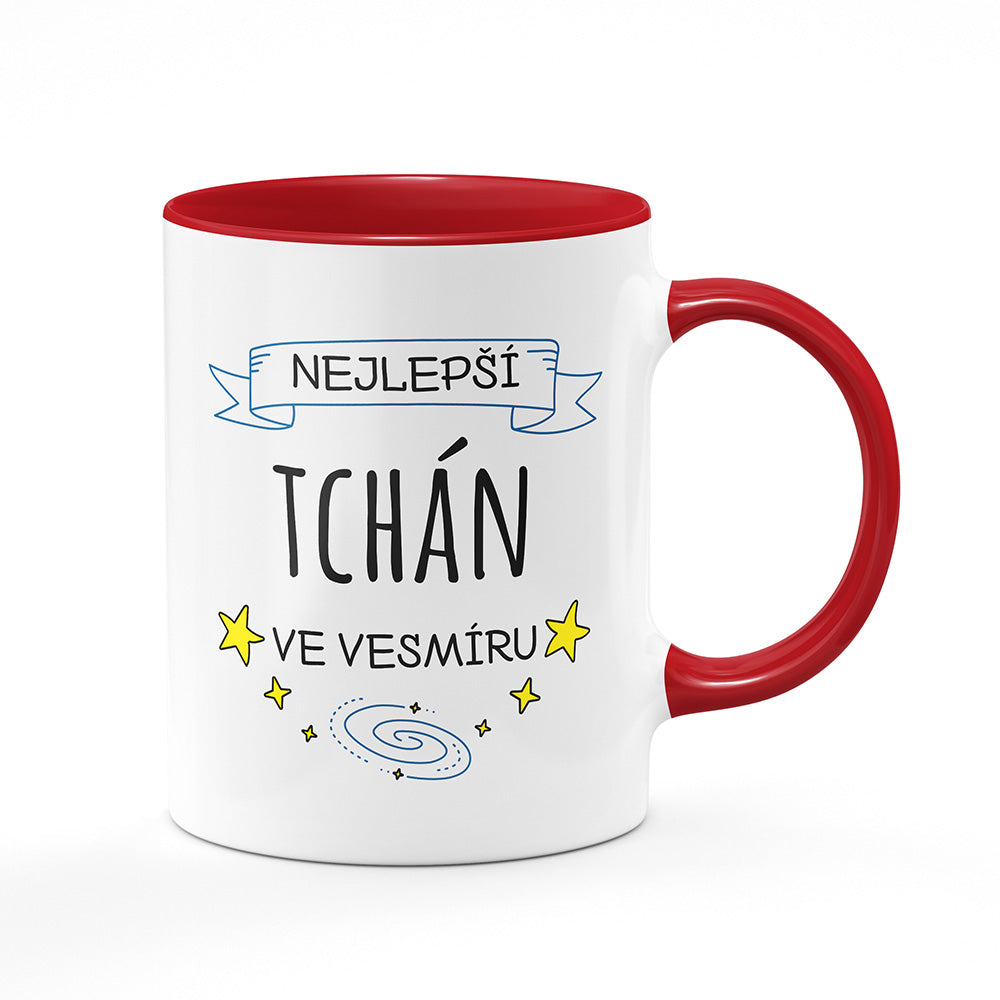 Keramický hrnek bílý s červeným lemem vnitřkem a uchem motiv Nejlepší tchán ve vesmíru