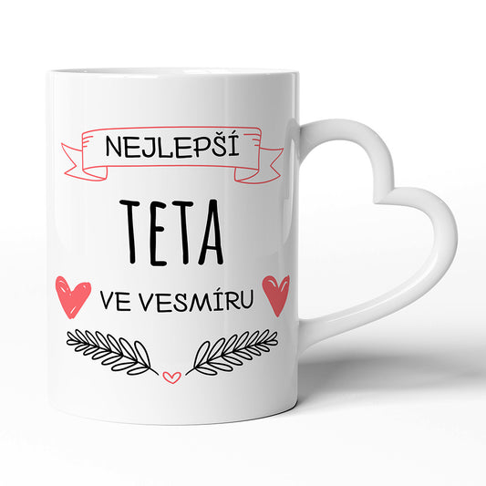 Keramický hrníček s uchem ve tvaru srdce motiv Nejlepší teta ve vesmíru